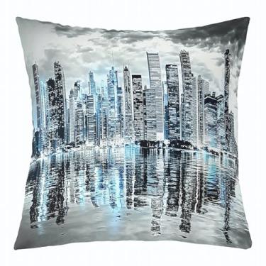 Imagem de jejeloiu Capas de almofada Chicago Skyscraper 40,6 cm x 40,6 cm Modren City Square Conjunto de 1 fronhas para meninos meninas cena noturna fronhas para sofá poltrona azul cinza