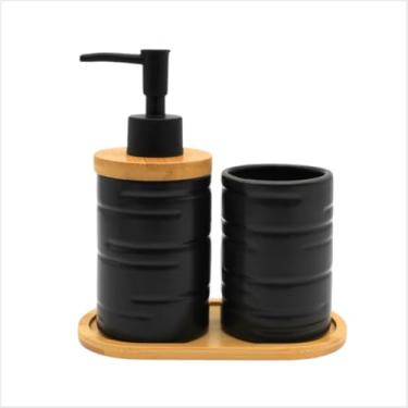 Imagem de Jogo Banheiro Kit Lavabo Porcelana Sabonete Escova Bandeja Preto