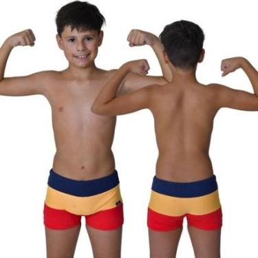 Imagem de Sunga Infantil Boxer Moda Praia Tricolor Azul Marinho Amarelo e Vermelho Proteção UV-Masculino