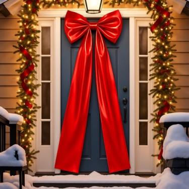 Imagem de Halloscume Topo de árvore de Natal grande de 109 x 38 cm, laço de tecido de folha metálica vermelha, laço vermelho, enfeite de árvore de Natal gigante para decoração de Natal, casa, guirlanda, parede