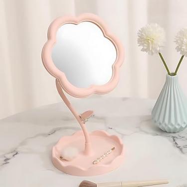 Imagem de Lindo espelho de maquiagem pessoal em forma de flor com suporte de bandeja para penteadeira de mesa, espelho diário portátil e prático.