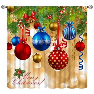 Imagem de Cortinas de Natal, abeto, bolas coloridas de Natal, Feliz Ano Novo, tratamentos de janela, cortinas com isolamento térmico, bolso para varão, conjuntos de 2 painéis para quarto, sala de estar, 106,7