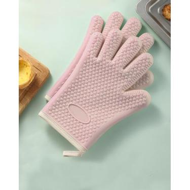 Imagem de 2 luvas de forno de silicone resistentes ao calor – Luvas de grelha de camada dupla com 5 dedos, luvas de forno de cozinha impermeáveis e antiderrapantes para cozinhar, assar, churrasco (rosa)