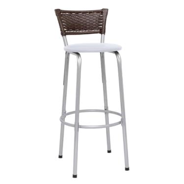 Imagem de Banqueta Alta Junco Argila Estrutura Prata 70cm Para Balcão Ilha Bancada Cozinha Bar Bistrô Americano - Itagold (Assento Branco)