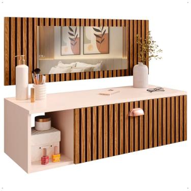 Imagem de Penteadeira Suspensa Make Up Com Espelho 1 Gaveta Com Divisórias Nicho e Puxador (OffWhite/Ripado)
