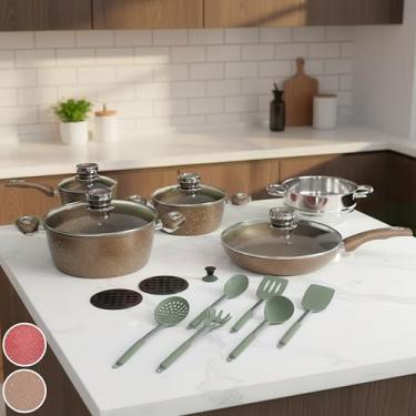 Imagem de Jogo Panelas Indução Antiaderente Completo 18 Pçs Cerâmica (CREME)