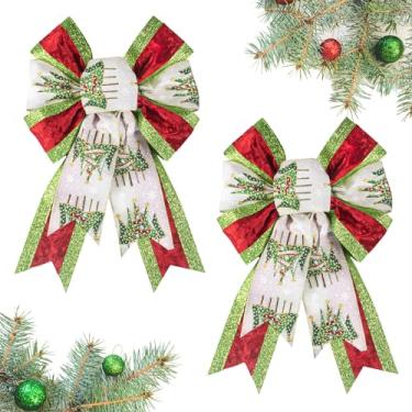 Imagem de Habbiful 2 peças de laço de Natal para guirlanda, laços de guirlanda de Natal para decoração de cerca de parede da porta da frente com glitter, listras vermelhas e verdes, arco de árvore de Natal para