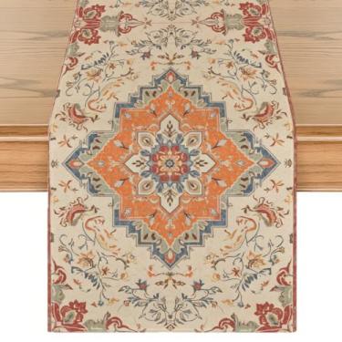 Imagem de Caminho de mesa laranja estilo boêmio boho, casa de fazenda rústica rústica decoração de mesa de jantar de cozinha de outono, vintage elegante casa de fazenda centro de mesa decoração de linho para