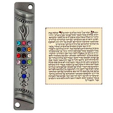 Imagem de TALISMAN4U Caixa de estanho MEZUZAH com pergaminho 12 tribos de Israel Hoshen Judaica Door Mezuza 10 cm