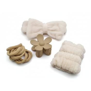Imagem de Kit de Acessórios para Beleza, Conjunto com Tiara de Laço Preta Aveludada, Pulseiras Absorventes, Piranha Floral e Elásticos para Cabelo, para Skincare e Maquiagem (Nude)