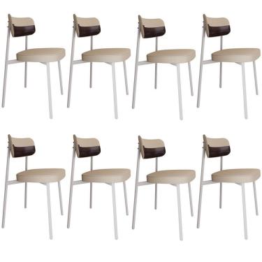 Imagem de Kit 08 Cadeiras Estofada Para Sala De Jantar Astrid Branco C01 Linho Areia Courino Café - Lyam Decor