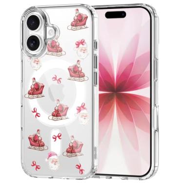 Imagem de OFQKOAKS Capa para iPhone 16, compatível com MagSafe, linda capa de telefone magnética feminina com laços de trenó de Natal, capa protetora fina e macia transparente para mulheres e meninas