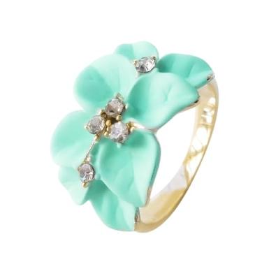 Imagem de Navachi Anel de flor de folhas de esmalte de cristal transparente banhado a ouro 18 k, 10, Zinco Esmalte, Cristal