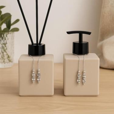 Imagem de Kit Lavabo Luxuoso de Vidro Cubo 250ml – Sabonete Líquido + Difusor de Ambientes, Design Sofisticado, Ideal para Presente e Decoração(Bege Fosco C/Preto)