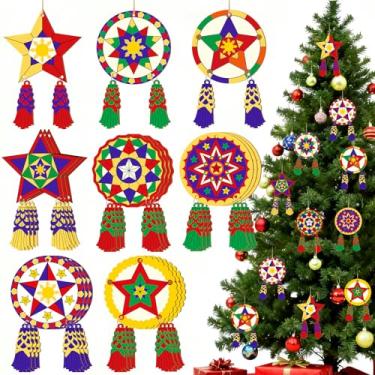 Imagem de 24 peças de lanterna de parol de Natal filipina de madeira filipina ornamentos de Natal para decoração de árvores, ornamentos de pendurar tradicional capiz estrela pingente sinal para presente de