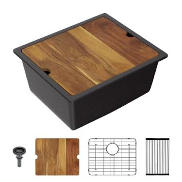 Imagem de Lordear Lavatório de cozinha composto de granito preto de 53 cm, 53 x 45 cm, pias de quartzo preto fosco embaixo do balcão, pia de tigela única com acessórios pretos