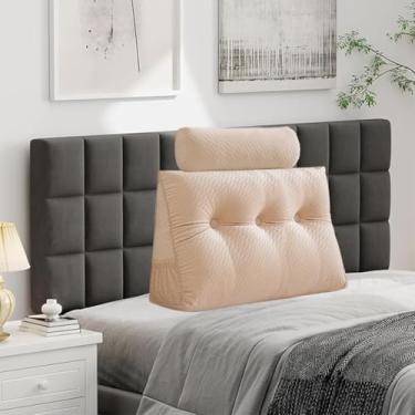 Imagem de Almofada triangular de veludo para cabeceira de cabeça, capa removível, cama de beliche, suporte de posicionamento do encosto, descanso de leitura relaxante (bege com almofada de rolo, solteiro (99 x