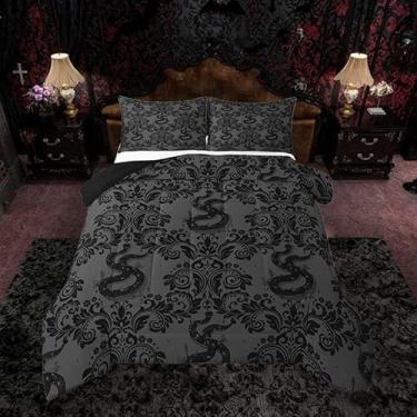 Imagem de Feelyou Conjunto de cama gótico para adultos, macio, para meninos e meninas, verde-oliva escuro, damasco, edredom de cobra, microfibra para decoração de quarto, 3 peças com 2 fronhas