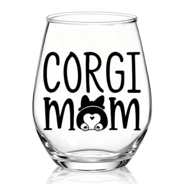 Imagem de XQLZY Corgi Mom Taça de vinho sem haste, presentes engraçados de taça de vinho para mãe de cachorro para mulheres amantes de cães, dono de animais de estimação, presentes de Natal de aniversário de