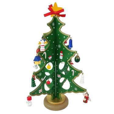 Imagem de Mini Arvore De Natal 3d Madeira Com Enfeites Natalino Decoração Mesa Sala Casa Papai Noel Boneco De Neve Pinheiro