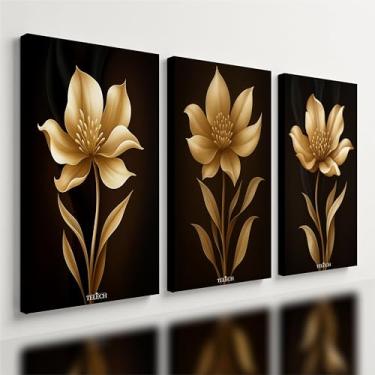 Imagem de Kit 3 Quadro Decorativo Sala Flores Floral Dourado Gold 4k Qualidade Premium Luxo (28x20cm)