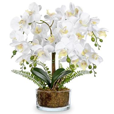 Imagem de Orquídeas brancas, flores artificiais, 42 cm, planta em vaso, arranjos de flores falsas com vasos de vidro, centros de mesa brancos para cozinha, sala de jantar, banheiro, mesa de cabeceira