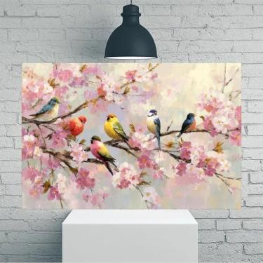 Imagem de Pássaros empoleirados em flores de cerejeira arte de parede em tela rústica vintage - Pôster sem moldura de 30 x 45 cm - Decoração de casa e escritório para sala de estar, quarto, cozinha e café