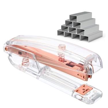Imagem de Grampeador de acrílico transparente com 1000 grampos padrão de 1/10.2 cm, grampeador de mesa de escritório moderno em ouro rosa, design elegante e transparente para decoração de mesa, casa, escola