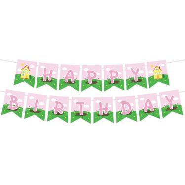 Imagem de Faixa Feliz Aniversário, Faixa Pendurar com Tema Animal de Desenho Animado Rosa Pré-Enfiada para Decoração de Parede e Teto Artigos para Festa Aniversário Infantil (Estilo C)