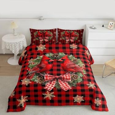 Imagem de jejeloiu Conjunto de edredom de Natal, solteiro, xadrez, jovem, para crianças, meninos, meninas, pássaros, edredom geométrico, decoração de quarto, microfibra, 2 peças com 1 fronha