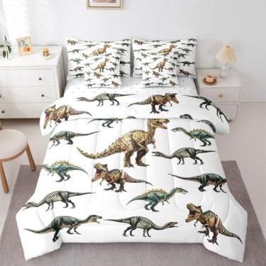 Imagem de Feelyou Jogo de cama de dinossauro fofo com 7 peças, solteiro, 3D, digital, dinossauro, animal, selva, dinossauro, microfibra