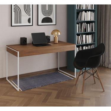 Imagem de Escrivaninha Home Office Estilo Industrial Amêndoa 137X53Cm Ferro Branco Com 1 Poltrona Preta