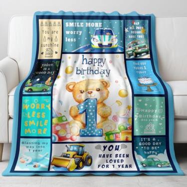 Imagem de Presentes para meninos de 1 ano de idade, cobertor de bebê com tema de urso de pelúcia de 1 ano de idade para meninos de 1 ano, decoração macia de primeiro aniversário, ideia de presente de lembrança