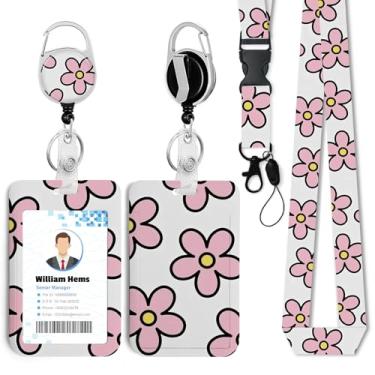 Imagem de Porta-crachá de identificação de flor rosa com cordão breakaway e carretel retrátil resistente - chaveiro mosquetão giratório de 360° para mulheres, estudantes, professores, enfermeiros, uso no