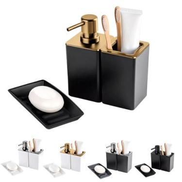 Imagem de Kit banheiro conjunto dispenser porta escovas e saboneteira cor:preto/