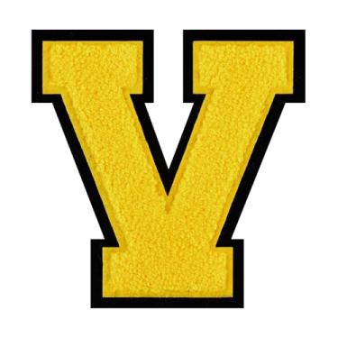 Imagem de 1 PÇ Patch de letra de chenille amarelo de 11,4 cm com borda preta – Remendos do alfabeto para roupas, jaquetas, mochilas, chapéus para decoração personalizada, nome personalizado e artesanato. (V)