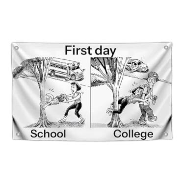 Imagem de Bandeira de meme de pessoas com citação "First Day" com quatro argolas de latão - Meme de poliéster bandeira universitária para decoração de parede - Faixa escolar de um lado com citação positiva