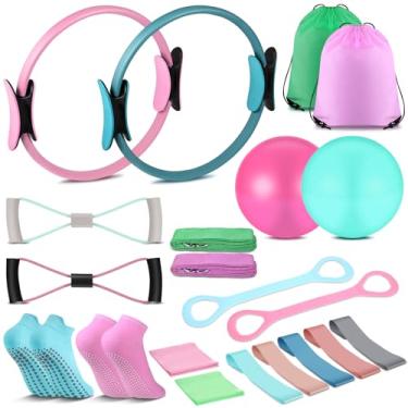 Imagem de Conjunto de 21 peças de anel de pilates, kit de equipamento de pilates para mulheres, equipamento de pilates, conjunto de equipamento de treino em casa, inclui anel de ioga de 9,8 polegadas, alça de