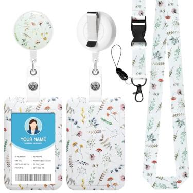 Imagem de Soleebee Porta-crachá de identificação com cordão, lindos emblemas de identificação de flores brancas e cordão destacável, chaveiro retrátil, carretel de crachá resistente para enfermeiras, estudantes