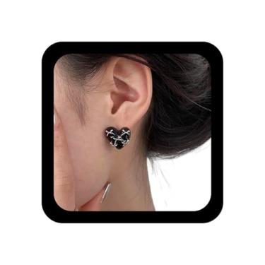 Imagem de Ximdble Brincos vintage de coração bufado amor ônix preto brincos de coração cruz amor mínimo joia para mulheres
