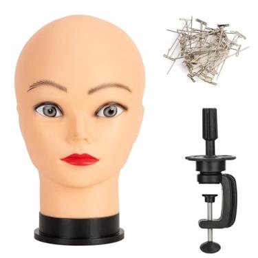 Imagem de koskusder Cabeça de manequim careca para treinamento de cosmetologia profissional para fazer perucas e exibir cabeça de manequim afro-americano com suporte de grampo grátis (bege)