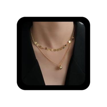Imagem de Ximdble Colar vintage em camadas com pingente de bola minúscula, corrente de disco de ouro, gargantilha retrô de moeda, joia de bola em camadas para mulheres
