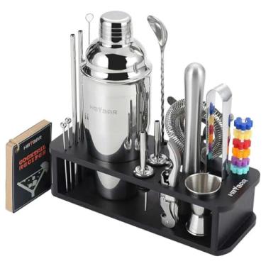 Imagem de HMYBAR Conjunto De 22 Coqueteleiras (24 Oz/700 Ml), Kit Barman Para Mixologia, Bar, Utensílios Fazer Martinis Com 39 Receitas Coquetéis E Decoração Do Kit, Suporte Bambu Preto, Prateados
