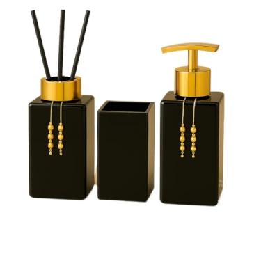 Imagem de Banheiro kit lavatório sabão líquido aroma e escova suporte quadrado vidro(Preto Total C/Dourado)