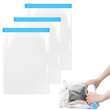Imagem de 3 unidades de bolsas de compressão transparentes de viagem de 47 x 34,8 cm, bolsa de armazenamento a vácuo que economiza espaço, embalagem dobrável para bagagem, mala, mochila essencial