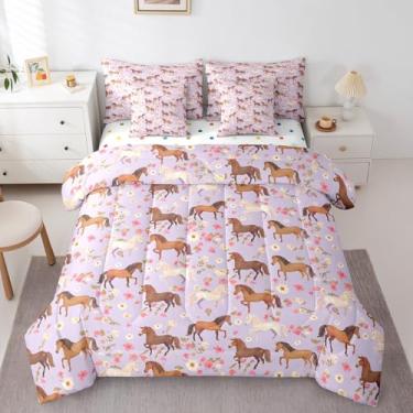 Imagem de Erosebridal Conjunto de edredom solteiro com cavalo violeta, cavalo galopante, 7 peças, para crianças, meninos, meninas, floral, floral, estilo faroeste, rústico, animal de fazenda, reversível, com