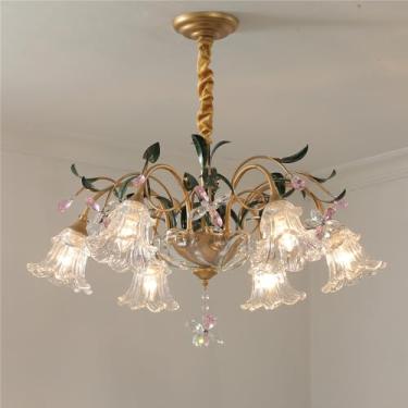 Imagem de Lustre Pastoral Francês com Flores Americanas - Luminária Pendente Decorativa LED para Sala de Estar, Restaurante, Quarto, Villa, Café, Loja de Roupas e Casa (D 6 Lâmpadas)