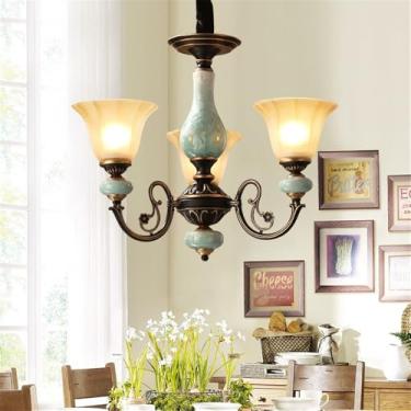 Imagem de Lustre de luxo europeu para sala de estar, estilo retrô americano, em cerâmica, para restaurante, quarto, escritório, hotel, casa de campo ou café, com 3 lâmpadas LED.