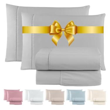 Imagem de Jogo de Lençol 600 Fios Cama Solteiro Casal Queen e King Premium Extra Macio - Roupa De Cama Antiácaro (Cinza, King 4 Peças)