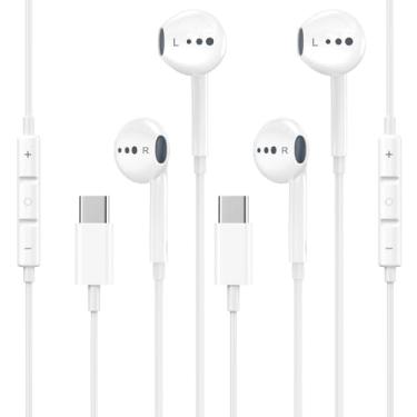 Imagem de Fones de ouvido USB C para iPhone 16, pacote com 2 fones de ouvido com fio tipo C com microfone e controle remoto estéreo HiFi com cancelamento de ruído para iPhone 15/16/16 Pro Max, iPad, Galaxy S23